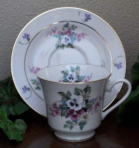 Catherine Porcelain Tea Cup and Saucer Set of 2 - Bouquet of Pansies