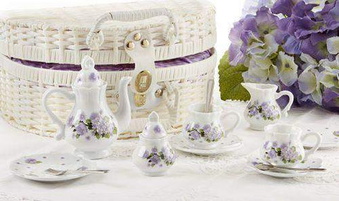 Children's Porcelain Tea Set in Wicker Style Basket - Purple Glory - FREE TEA INCLUDED!