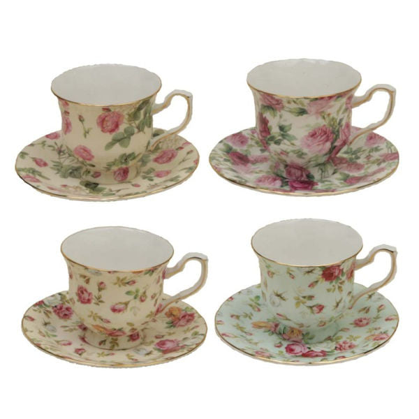 Children's Rose Chintz Demi Teacups Tea Cups and Saucers Set of 4