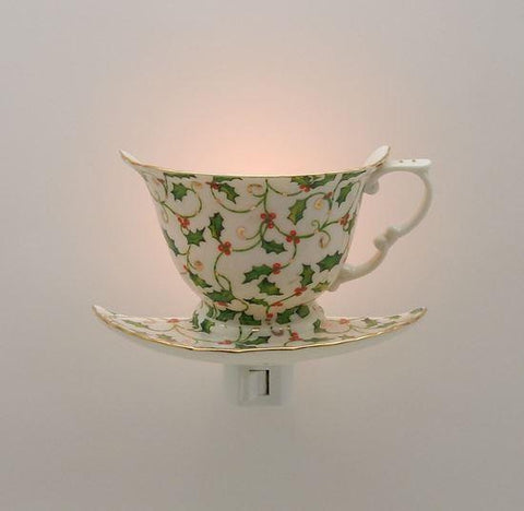 Christmas Holiday Holly Berry Porcelain Teacup Night Light