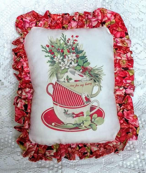 Christmas Tea Cups Accent Pillow-Roses And Teacups