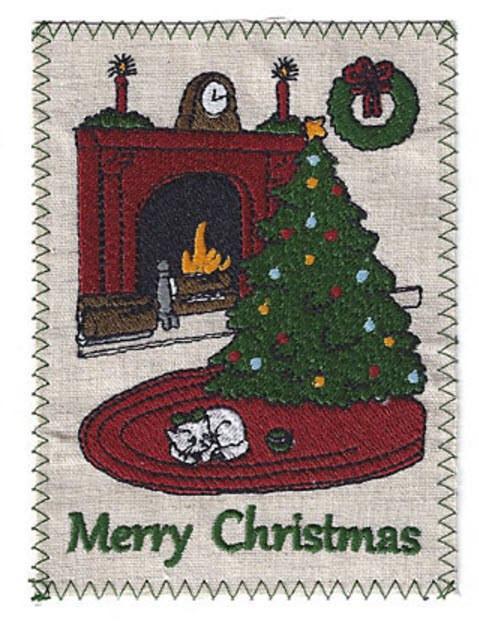 Christmas Tree and Cat Embroidered Linen Christmas Greeting Card