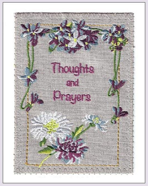 Embroidered Linen Thoughts and Prayers Greeting Card-Roses And Teacups