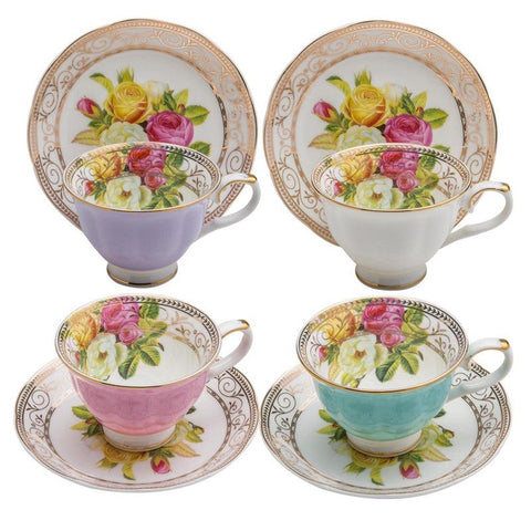 Exquisite Rose Bouquet Tea Cups Teacups and Saucers Set of 4 Boxed 4 Assorted Colors-Roses And Teacups