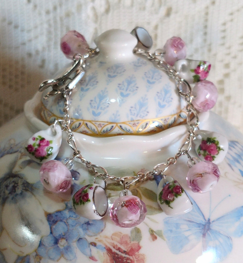 Fairy Tale Pink Lampwork Rose Bead and Tea Cup Bracelet