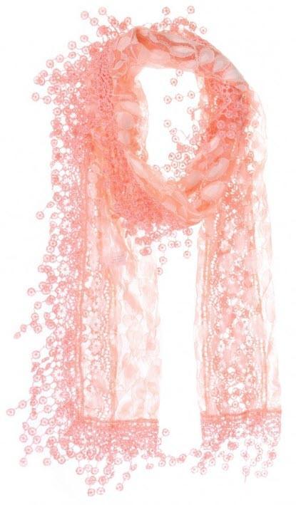 Feminine Teardrop Tassel Lace and Crochet Scarf - Peach- Only 1 Available!