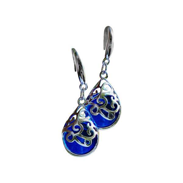 Filigree Teardrop Sterling Silver Reclaimed Glass Earrings - Cobalt Blue - Vintage Noxema Jar Glass