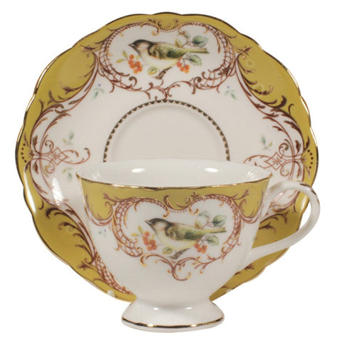 Gold Finch Bird Porcelain Tea Cups and Saucers (2 Teacups and 2 Saucers)