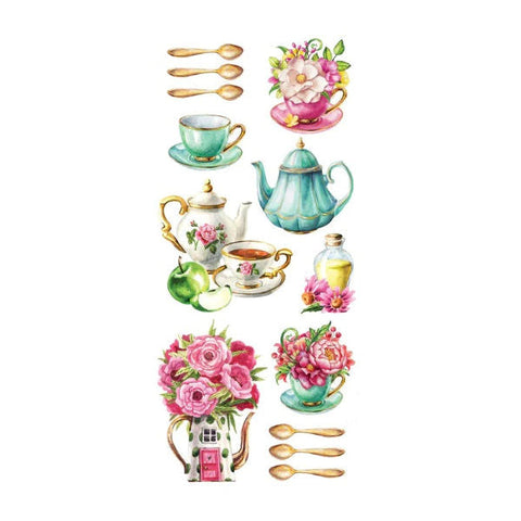 Gold Foil Teacups Teapots and Spoons Stickers - 2 Sheets