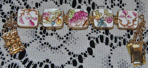 Gold Plated Floral Chintz China Bracelet