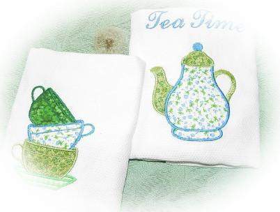 Green Tea Time Embroidered and Appliqueed Tea Towels