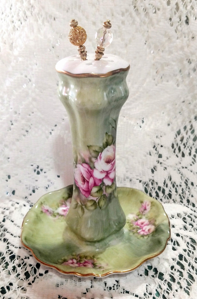 Hand Painted Pink Roses on Mint Green Porcelain Hat Pin Holder by artist Betty Platner - Only 2 Available!