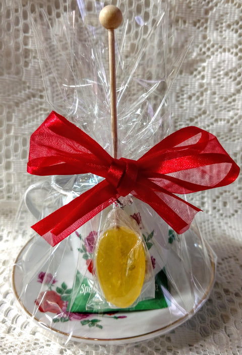 Holiday Red Rose Tea Cup Favor with Tea and Lemon Honey Spoon - Only 4 Available!