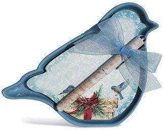 Holiday Winter Bluebird Notepad with Pen with Tea Caddy Trinket Tray