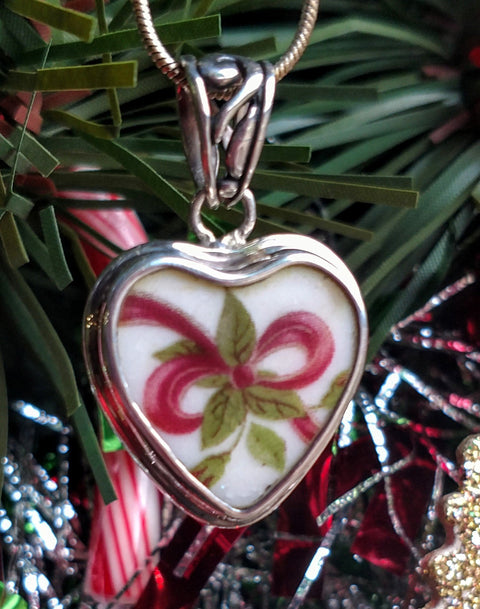 Holly Berry with Ribbon Christmas Holiday Sterling Silver Broken China Jewelry Heart Pendant - One of a Kind!