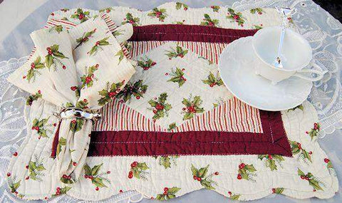 Holly Quilted Placemat and Matching Napkin