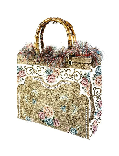 Italian Carpet Bag with Bamboo Handles Taupe