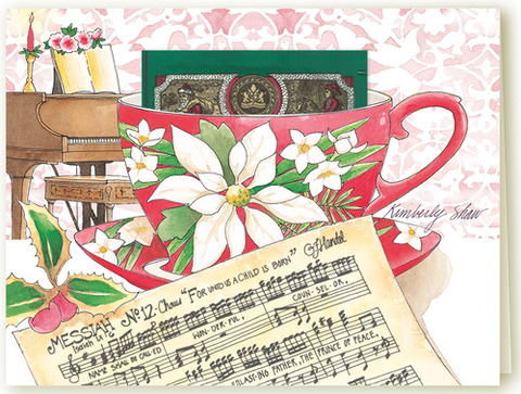 Kimberly Shaw Poinsettia Teacup Christmas Music Sheet Tea Card-Roses And Teacups
