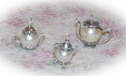 Large Faux Pearl Sterling Silver Teapot Charm