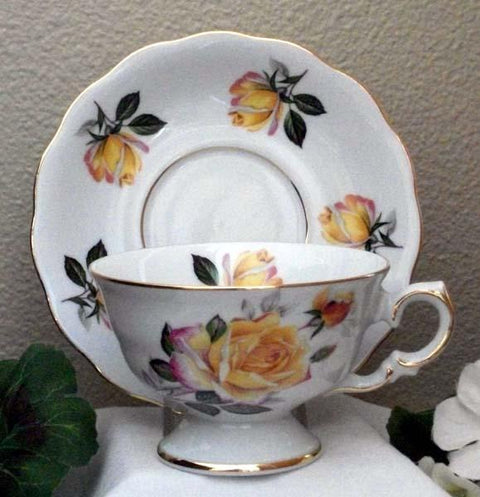 Laurel Yellow Rose Porcelain Tea Cups (Teacups) and Saucers Set of 2