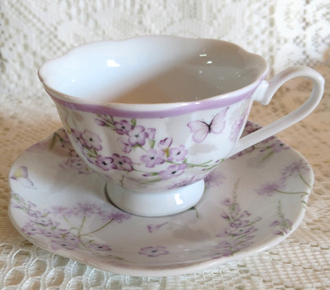 Lovely Lavender Floral Fine Porcelain Teacups and Saucers Case of 24