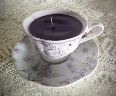 Lovely Lavender Floral and Butterflies Tea Cup Candle - 2 Gifts in 1!!