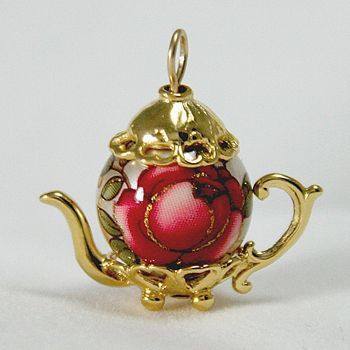 Medium Gold Vermeille and Red Rose on "Pearl" Teapot Charm - Only 1 Left!