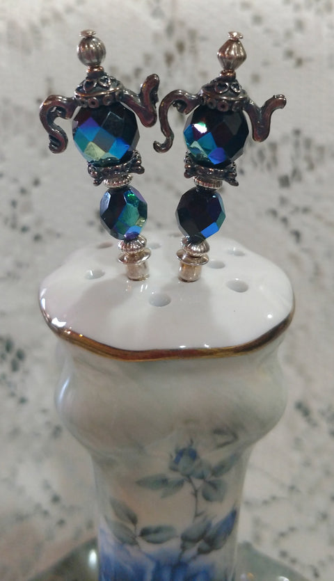 Midnight Blue Silver Teapot 6 inch Set of 2 Hatpins - 4 Sets Available!