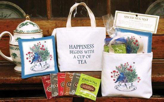 Morning Glory in Tea Cup Tea Gift Favor Tote with Tea and Spiced Tea Cup Coaster Mat
