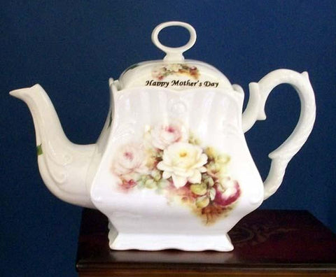 Mothers Day White Rose Spray 8 Cup Square Porcelain Teapot