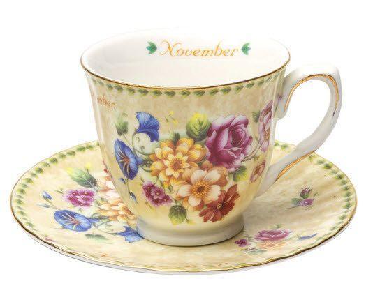 November Porcelain Teacup and Saucer in Satin Lined Gift Box-Roses And Teacups