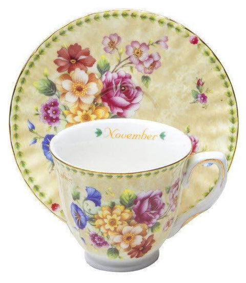 November Porcelain Teacup and Saucer in Satin Lined Gift Box