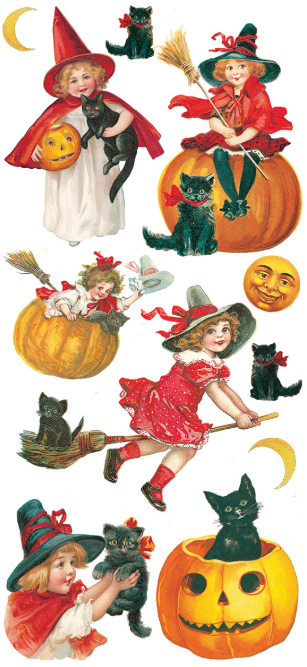 Old Fashioned Halloween Witches and Cats 2 Sheets of Stickers