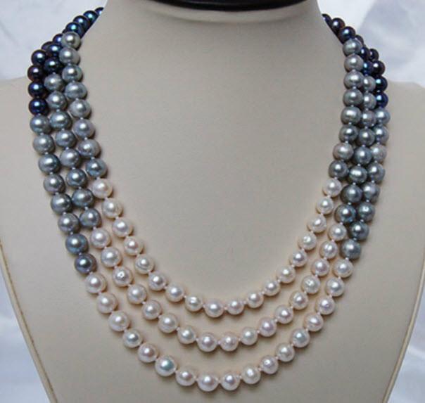 Peacock and White 3 Strand Pearl Necklace PN082