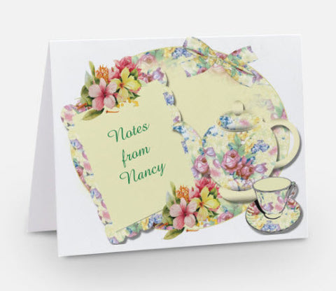 Personalized Tea Cup and Teapot Note Cards Yellow Set of 10