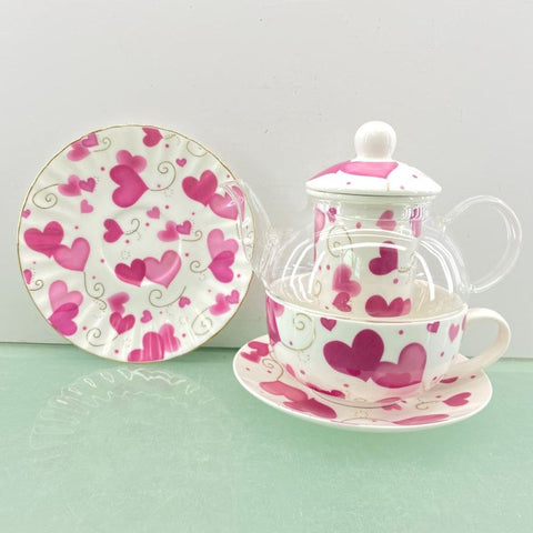 Pink Hearts Beat As One Glass Tea for One 5 Piece Set - 24K Gold Trimmed!