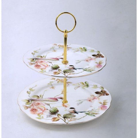 Pink Rose and Bird Scallop 2 Tier Porcelain Cake Stand Dessert Server-Roses And Teacups