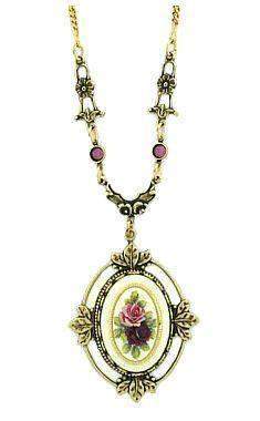 Pink Roses Porcelain Cameo Jewelry Necklace Leaf Frame