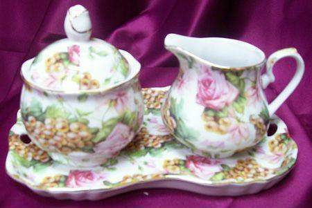 Pink Roses and Golden Grapes Chintz Porcelain Creamer Set on Tray Satin Lined Gift Box