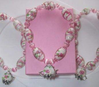 Pink Stretch Lampwork Beaded White Czech Bead Sterling Silver Teapot Charm Bracelet - One of a Kind!