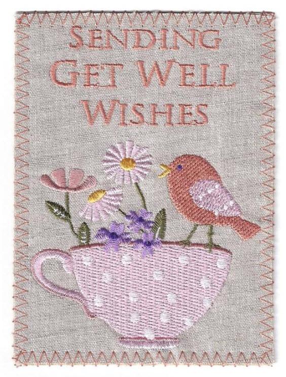Pink Tea Cup Get Well Embroidered Linen Greeting Card