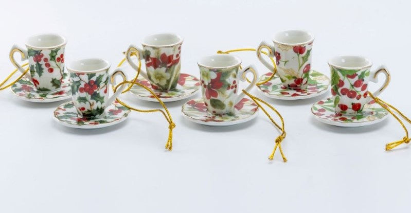 Porcelain Tea Cup Teacup Ornaments 6 Assorted Holiday Floral Chintz