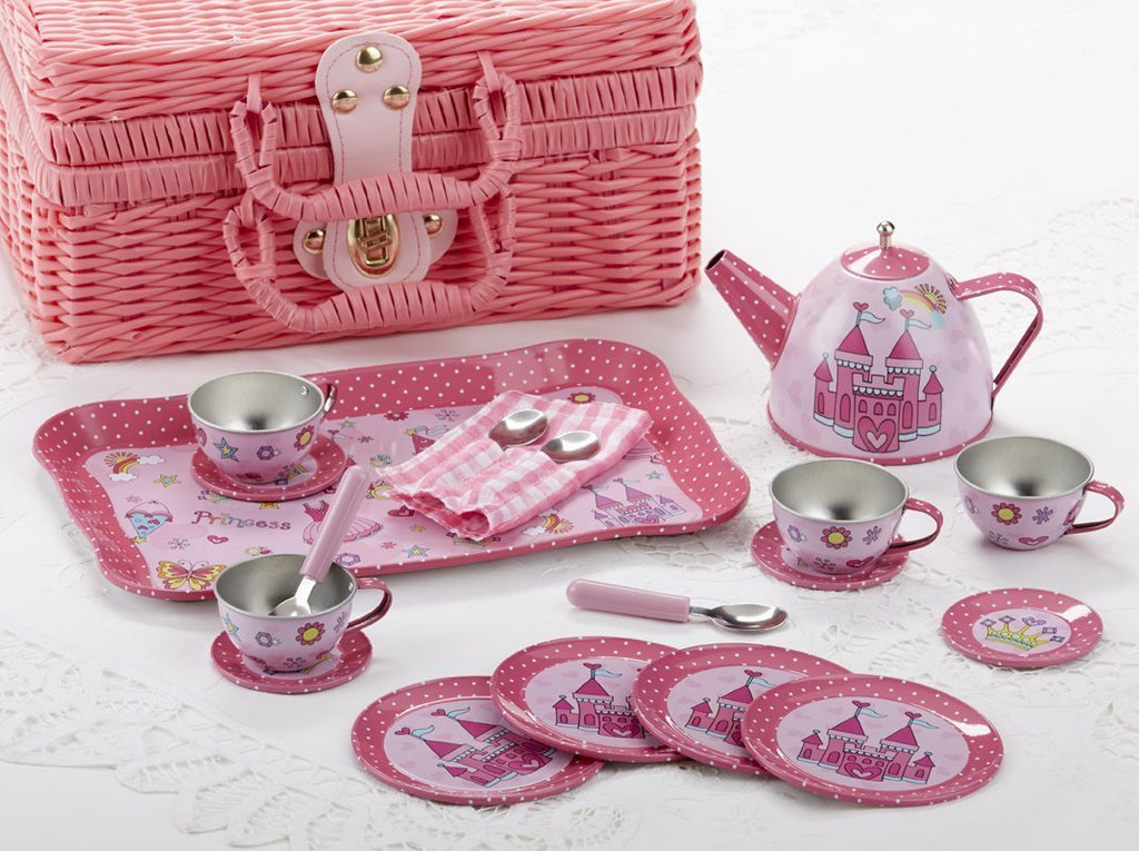 Pretty Pink Princess Castle Childrens Kids Tin Tea Set Teaset FREE tea! Little Girls 19pc Tea Set in a Pink Wicker Style Basket