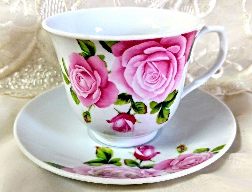 Pretty Pink Rose Porcelain Teacups Tea Cups and Saucers - Set of 6