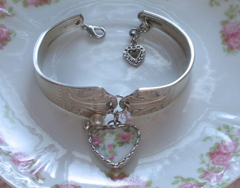 Pretty Pink Roses Broken China Spoon Bracelet Heart Pendant - One of a Kind!