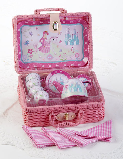 Princess Childrens Tin Teaset FREE tea! Little Girls 19pc Tea Set in a Pink Wicker Style Basket-Roses And Teacups