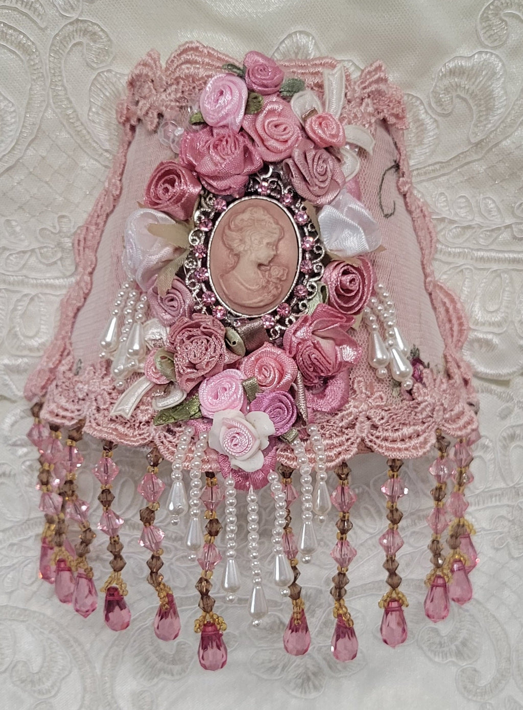 Princess Pink Victorian Cameo Lace and Hand Beaded Fringe Nightlight (night light) - One of a Kind!