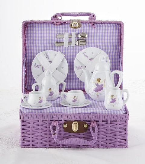 Purple Ballerina Dancer Porcelain Tea Set in Wicker Style Basket - FREE Tea Included!