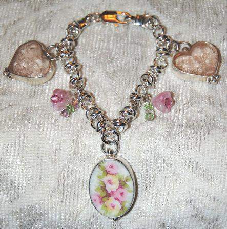 Rare One of Kind Broken China Pink and Yellow Roses Sterling Silver Rolo Bracelet with Pink Depression Heart Shaped Glass Charms