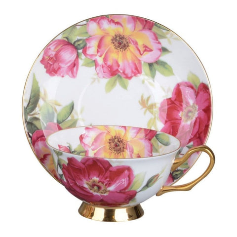 Ravishing Red Roses Bone China Teacup and Saucer Trimmed in Gold